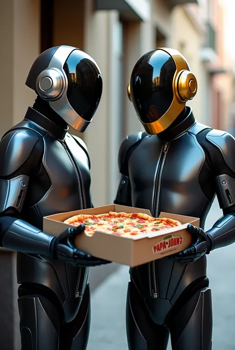 Daft Punk outside receiving a pizza from Papa John