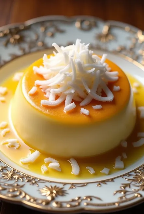 Create an image of a custard on a fancy plate with coconut on top