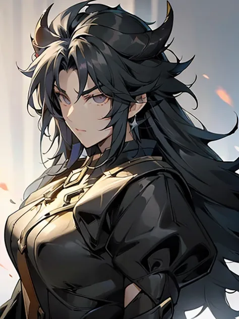 female cadres、enemy characters、cool、big breasts、black hair、long hair、hair tip perm、horns growing、pointy ears、frontview、