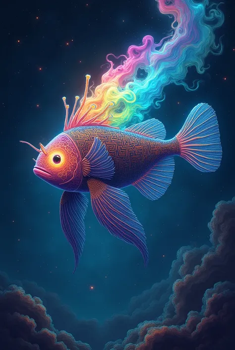 A surreal, otherworldly illustration of a deep-sea anglerfish with an ornate, crystal-like esca that emits a rainbow spectrum of light. Its body is adorned with intricate, bioluminescent patterns resembling ancient hieroglyphics. The fish is surrounded by ...