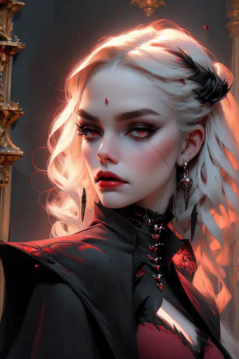 beautiful vampire woman, extremely detailed eyes and face, long white hair, red eyes, black victorian gown, piercing look, red l...