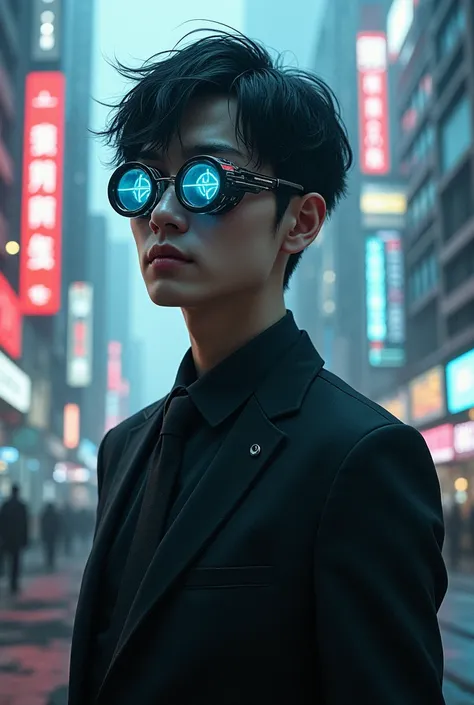 A cyberpunk japanese man wearing a suit and  cyberpunk glasses and cyberware