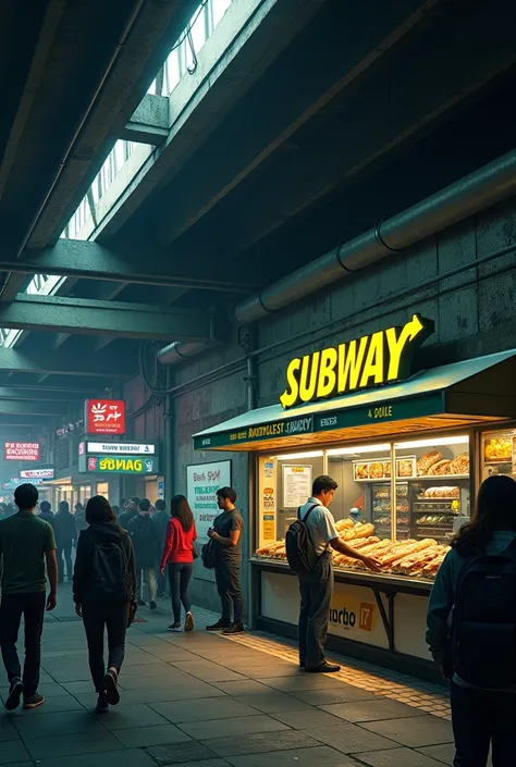 Subway sandwiches brand under the busy street under the bridge 