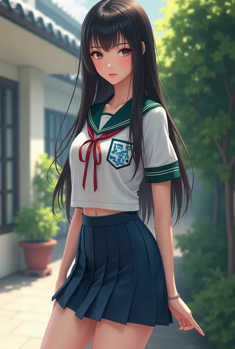 create a sweet girl with a slim and sexy body, with beautiful curves and in an athletic shape, She wears a Japanese school uniform