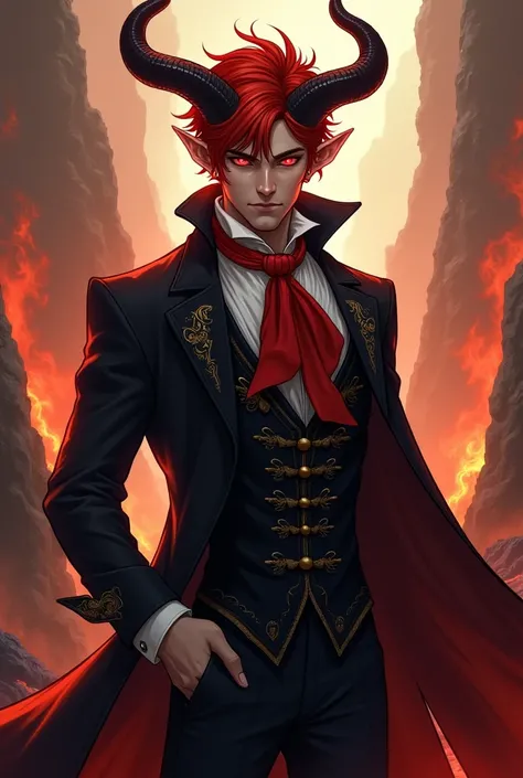 Handsome young demon, , red hair, red eyes, four horns on his head, elegant clothes, red scarf, hellish scenery