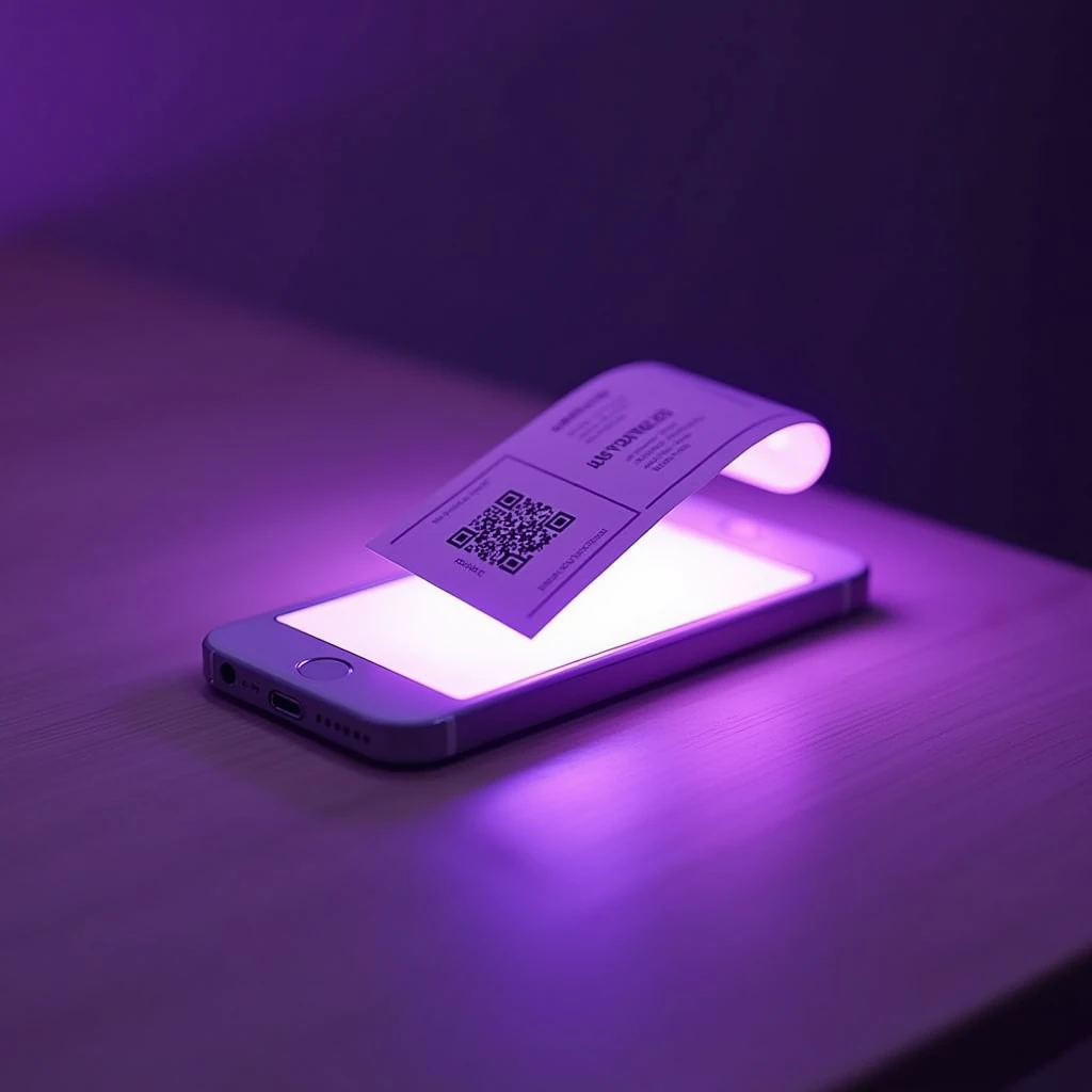 An iPhone is on a light wooden table, with the screen lit up. Part of a digital ticket is still visible on the iPhone screen, while the other part emerges outwards, as if being pulled from the device. The ticket displays a QR code at the bottom, ready to b...