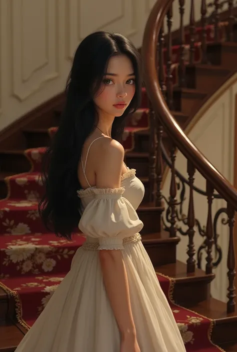 (photorealism:1.2), The girl descending an elegant staircase. The girl wearing a beautiful white dress that flows elegantly, with a puffed sleeve design. The girl has an oval face with defined cheekbones and a soft jawline. Her eyes are large and light gre...