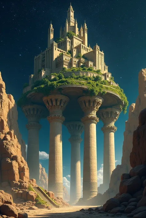 Drawing of Babylon on columns in space 


