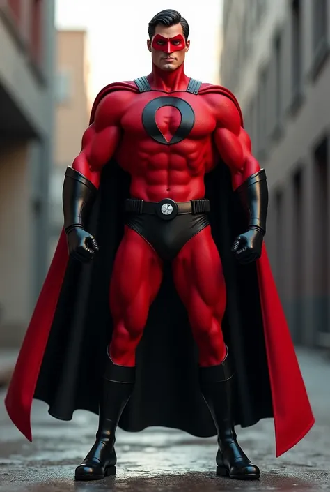 Superhero Super Boy wears a superhero outfit, all red, with a red mask stuck to the cape, covering the hair, the eyes and the nose, Black boots, black gloves, a black cape, a black circle on the chest and a red “S” inside the black circle.