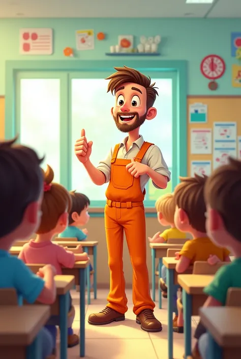 A cartoon 4 handsome janitor with no beard wearing a orange colour uniform talks to a class room with students 