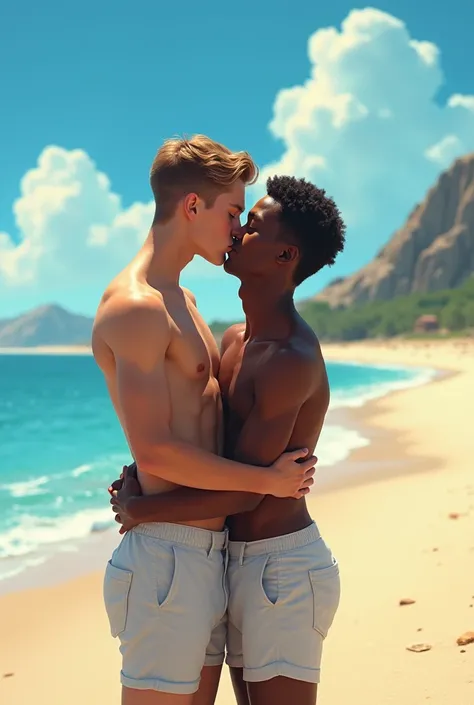 white boy, white skin, 18y, skinny boy in the beach, kissing another black boy
