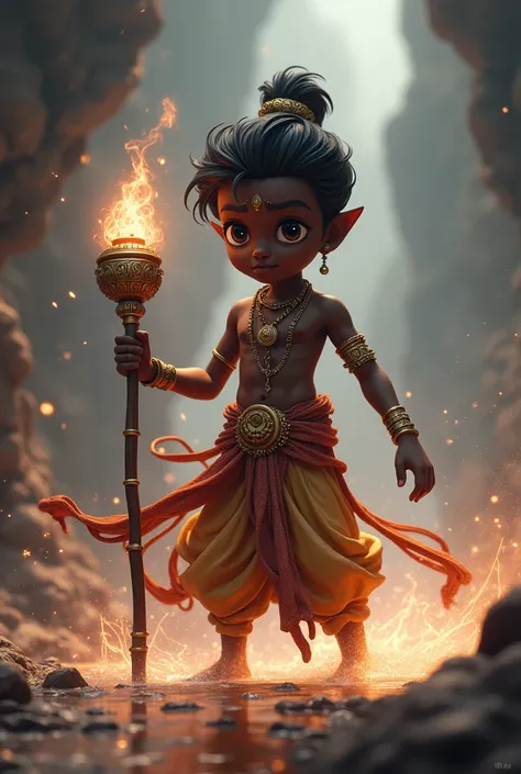 Generate 3d animated image of Hindu lord God very dark black boy catching dandham in left hand and kamadalam in right hand