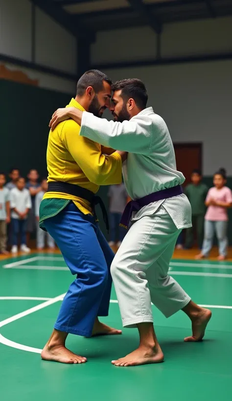 Man wearing a tight-fitting jiu-jitsu kimono in the color of the Brazilian flag with a black jiu-jitsu belt around his waist, he is fighting with a man in a white kimono with a purple belt around his waist who is lying on the ground, They are in a jiu-jits...