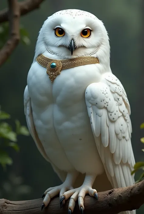 Make a profil picture of white owl  on a branch wearing a luxury collar realistic, with its striking plumage marking that resembles a smiling face  8k
