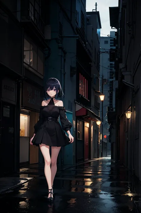 An anime girl. She stands alone in a city late at night on a stormy night. Her eyes are blue, her hair is black. her dress is blue