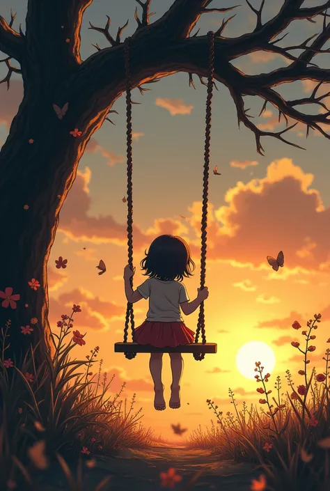 Draw a young girl sitting on a swing hanging from a tree in a sunset landscape, where the sky has mixed shades of light and dark. Aside, dry branches and shadows representing difficult times; the other, flowers blooming and butterflies flying, symbolizing ...