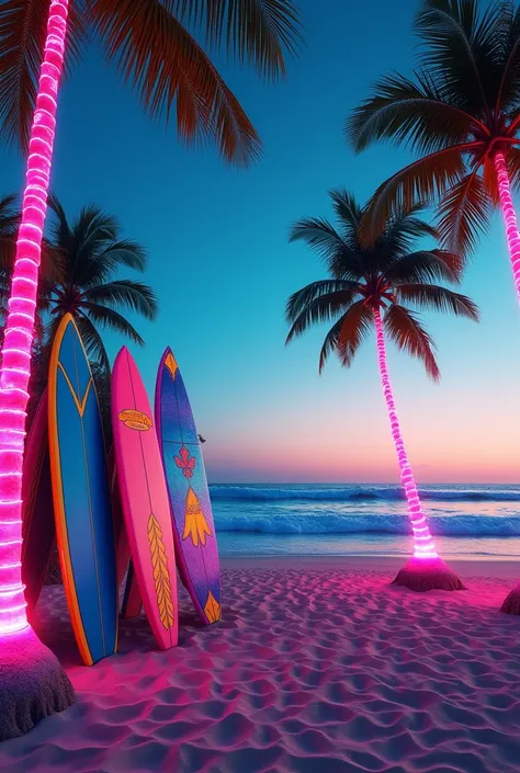 Generate me an image of a beach with lights, Palm trees with lights on their trunks and 80s surfboards 