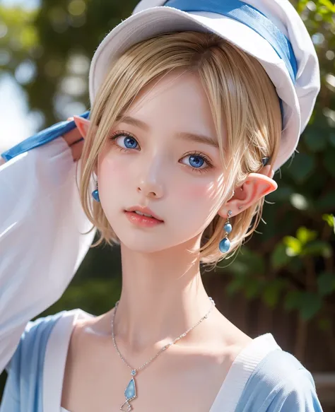 Portrait of a blonde girl in a white hat and a blue shirt , earrings, necklace , extra short hair, sidelocks-hair、Pointy ears like an elf、Upper Body.、The color of her eyes is a clear light blue、dusk