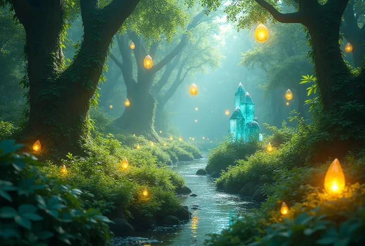 a fantasy enchanted forest, lush green foliage, a lot of yellow lights floating  in the background , blue crystals, ethereal atmosphere, detailed environment, beautiful lighting, magical scene, photorealistic, 8k, high resolution, intricate details, vibran...