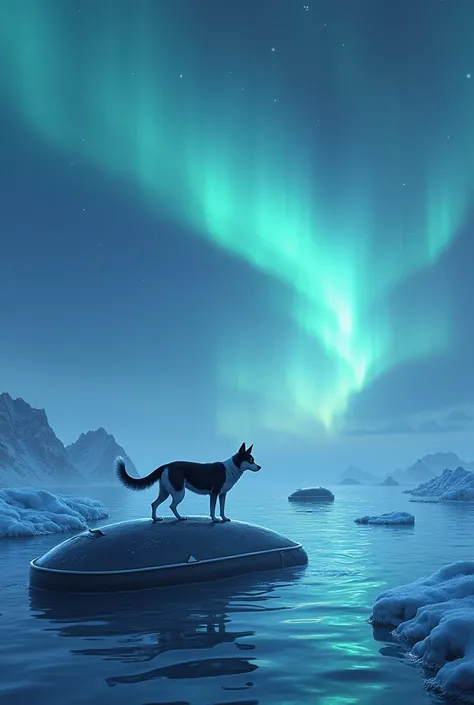 in an ocean of frozen waters and a sky with aurora borealis with shades of green and pink, ocean with a whale sails in a very stylish boat, a black and white dog, mic, with white spot on forehead, pointy ear, wolf face, white tip of the tail.