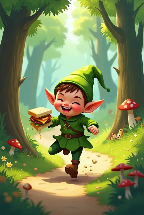 elf with sandwich running drawing