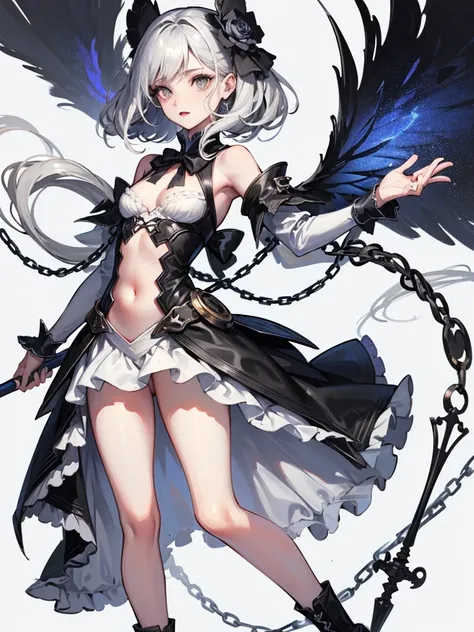  ((best quality)), ((masterpiece)), (detailed), 1girl, Character design, female, dynamic poses, long white grey hair, grey white eyes, very skinny, detailed, best quality, no accesoires around the neck, no shoes, prominent collarbones, skinny arms, flat st...