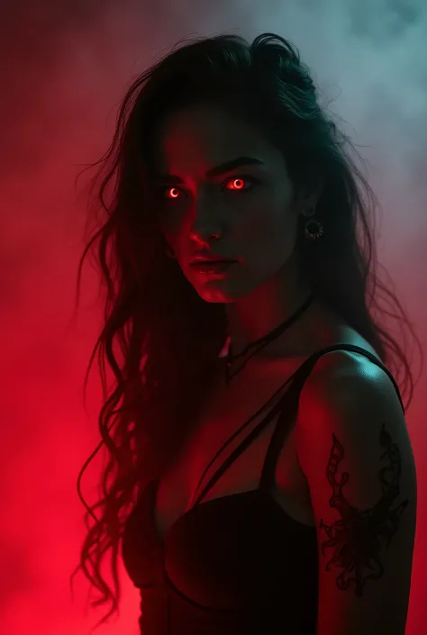 ((High definition, masterpiece, 8k, digital photography)), natural illumination, red illumination, fog around, a gorgeous woman, handsome face, demonic woman, wavy hair, standing, ((A demonic woman with red eyes tempting the viewer)), looking at viewer, ((...