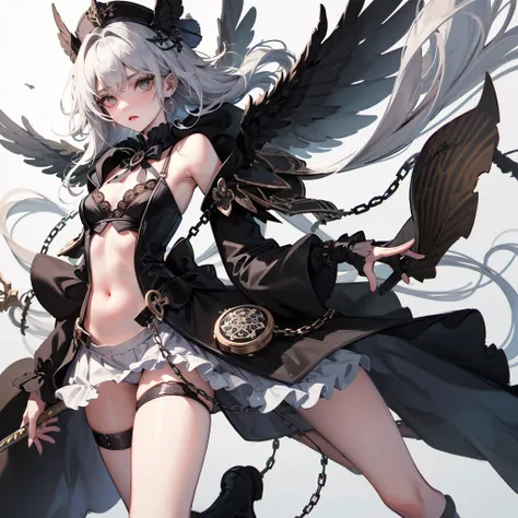  ((best quality)), ((masterpiece)), (detailed), 1girl, Character design, female, dynamic poses, long white grey hair, grey white eyes, very skinny, detailed, best quality, no accesoires around the neck, no shoes, prominent collarbones, skinny arms, flat st...