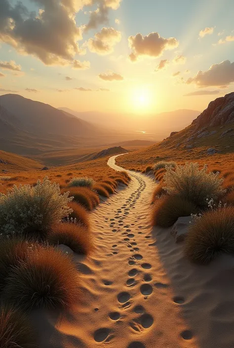 A winding path in an inspiring landscape, with footprints visible on the ground and a bright horizon in the background, symbolizing the journey towards the goal.