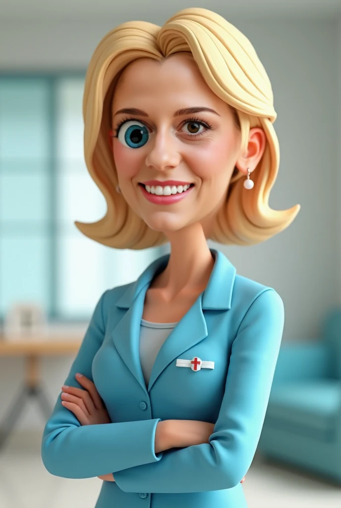 Cartoon character of a blonde woman in a blue physical therapist coat, smiling, an animated character, Stylized character, animation style rendering, stylized 3D, Arnold Maya rendering, stylized 3D rendering, toon rendering screenshot, 3D character, 3D cha...