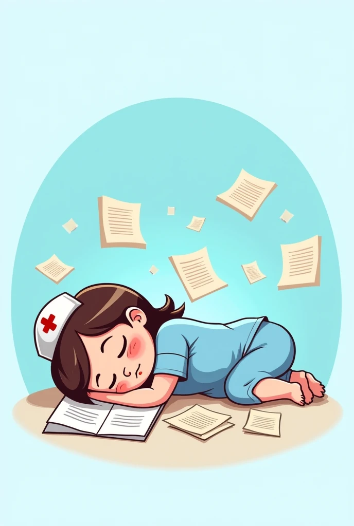 Logo for a YouTube channel about nursing, sky blue, Nurse sleeping on a table with files , cartoon 
