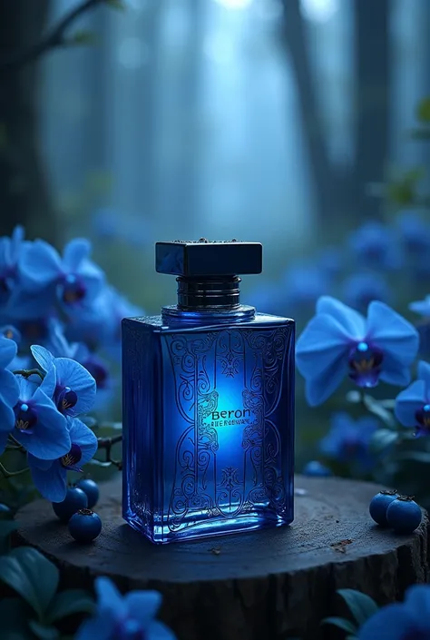 un parfum pour homme à lodeur de myrtille, dorchidée bleue, de lys noire et de bois combiner dans un sublime flacon poser dans un magnifique décor elfique et entourer de myrtilles, dorchidées bleues