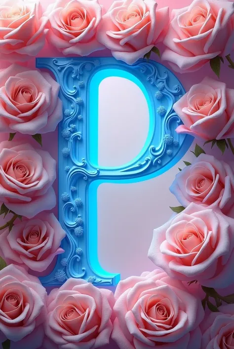 Create a letter P with background of rose flower and text colour will be blue and an aesthetic design