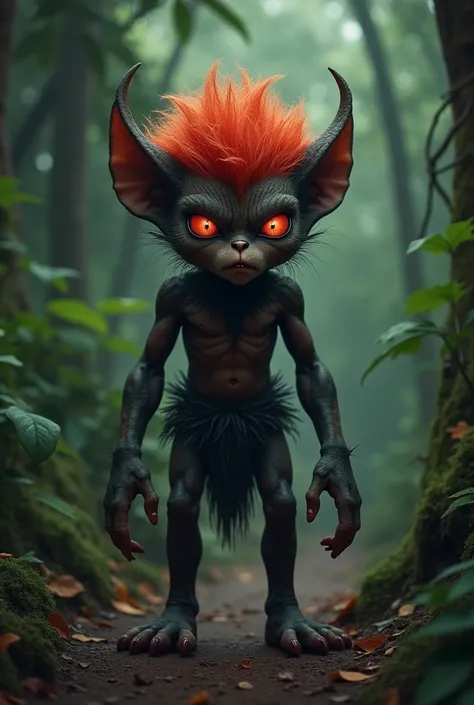 Generate an ultra-detailed 8K image of Curupira, feet facing backwards, a small but fierce figure with bright red hair, standing on a forest trail. His skin is dark and earthy and his feet are visibly turned backwards. He is surrounded by dense jungle foli...