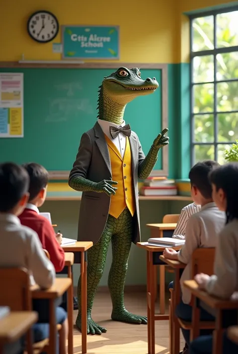 Create an image of an alligator teaching a class at a high school in Brazil 

