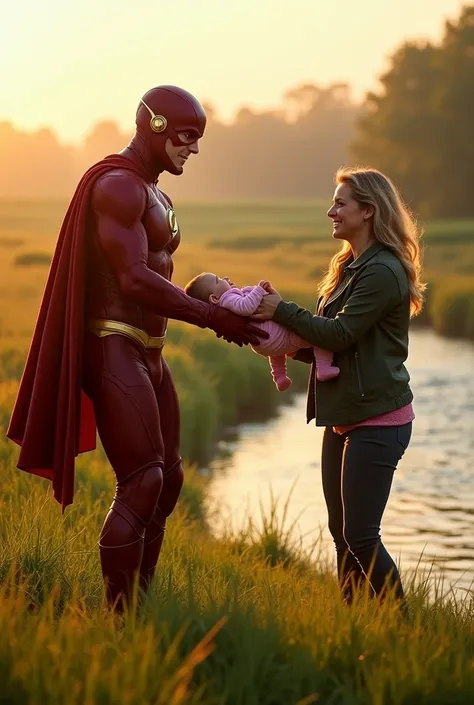 fearless Grant Gustin as a red burgundy Flash no cape handing a baby to a happy mom at a green sunny field nex to a river