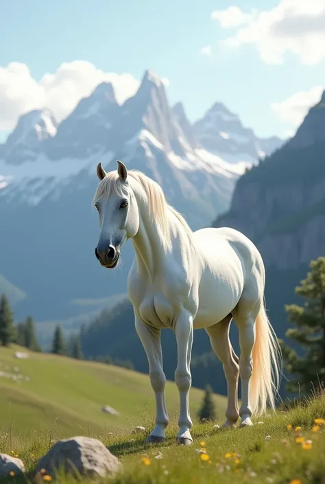 White mare with white gray details on the torso, eyes browns, in the Swiss scenario