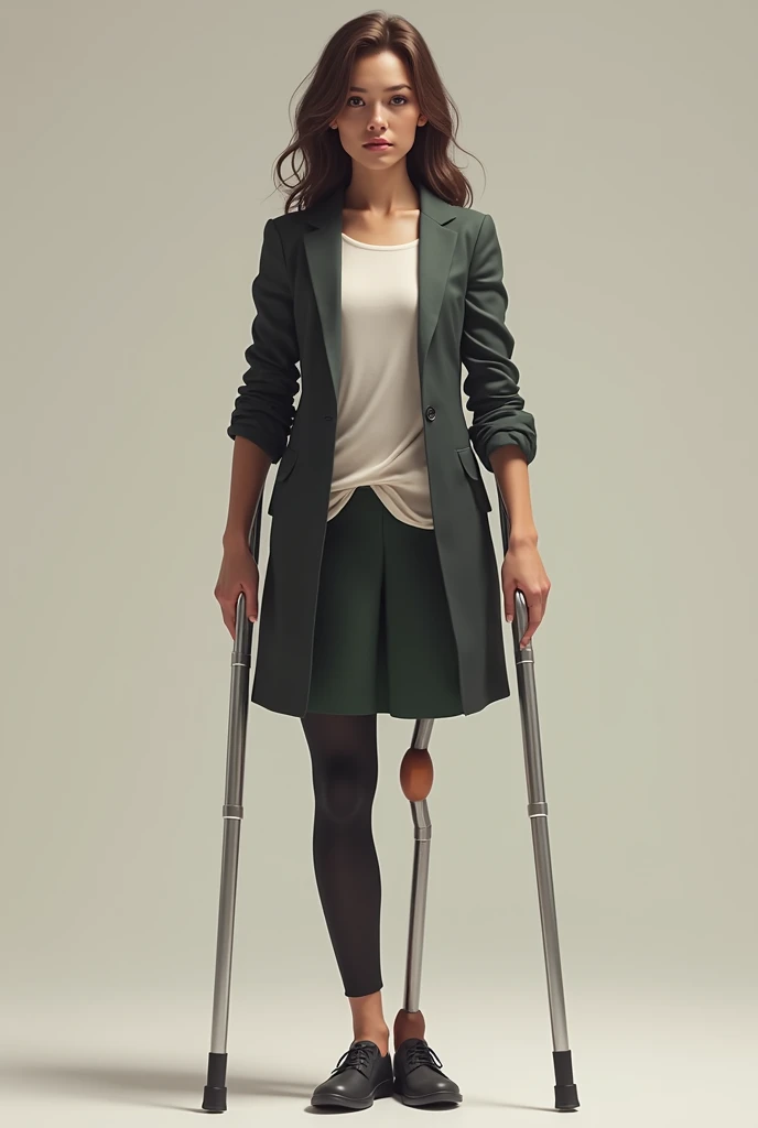 left leg amputee woman  standing upright with the assistance of underarm crutches and her leg stump is visible 