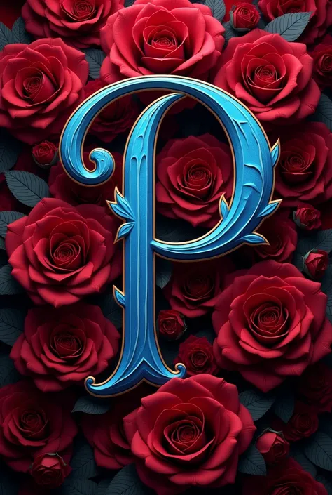 Create a letter P with background of deep red roses and text colour will be blue and an aesthetic design