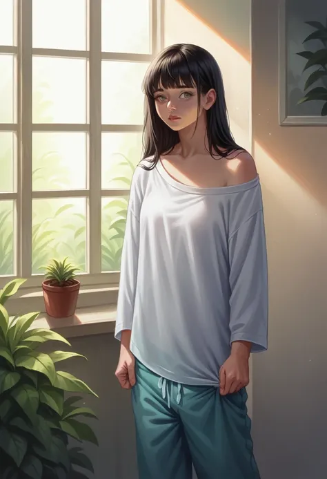 (photorealism:1.2), beautiful woman, standing, wearing loose  transparent off-shoulder white shirt, pajama pants, long black hair, indoors, soft lighting, plants in background, window with sunlight, cozy room, relaxed pose, realistic, intricate details, wa...