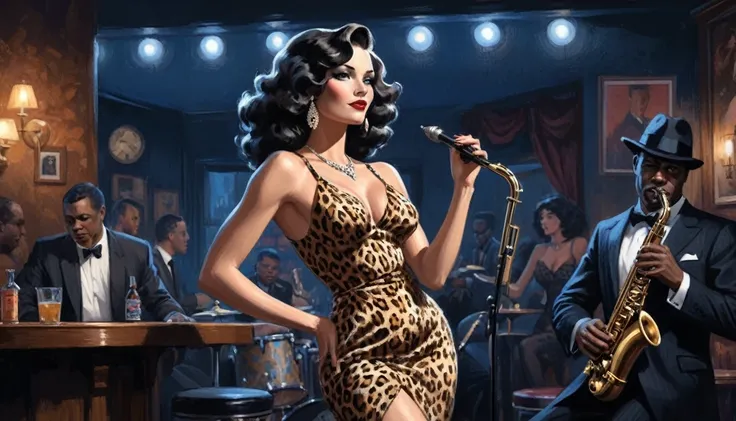 alabama bar, blue note, charismatic, baterist, guitarist, saxophonist, jazz band, leopard skin dress, illustration, noir fantasy, sexy lady, 