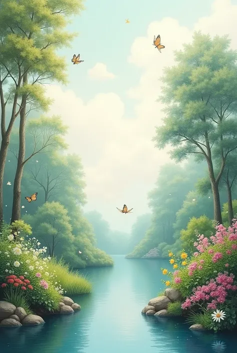 A 9:16 sized painting, white tone, romantic style, airy, gentle, with lots of flowers, water, trees, water, sky, butterflies