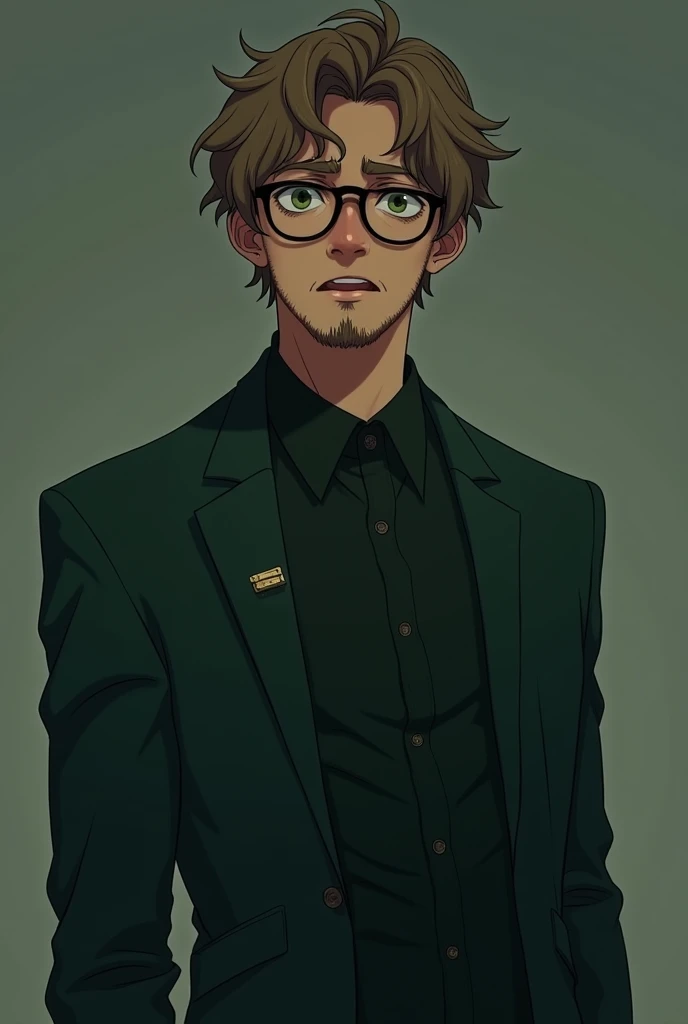 •	17yo

•	Short wavy light brown hair 
•	5,8 Skinny male with glasses and small goaty

•	Clothing sense is a sexy dark green suit 
•	A promise ring on pinky finger
His facial expression is shocked and filled with terror and depression 

