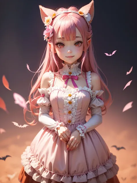 cute , Flower, pink gradation hair, red eyes, Lolita dress pointy ears dress made of rabbit dress、Gaze, smile, ,Standing posture、Highlight color hairstyle, Gradient color hairstyle, Hime cut, Wind-like headdress, , Minimalist, , Crescent-shaped earrings, 、...