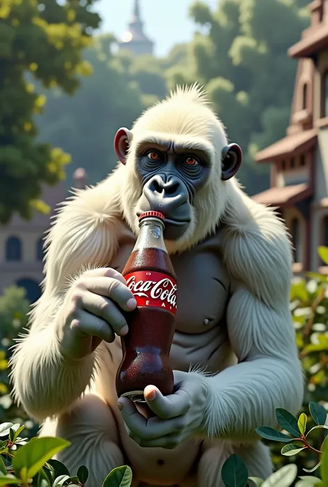 Super realistic image of a dark-eyed albino white gorilla drinking a Coca-Cola at the Barcelona Zoo