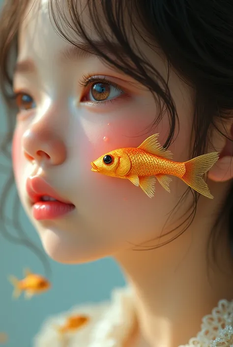 miniature cute intricate gold fish on the cheek of a pink eyes girl