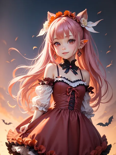 cute , Flower, pink gradation hair, red eyes, Lolita dress pointy ears dress made of rabbit dress、Gaze, smile, ,Standing posture、Highlight color hairstyle, Gradient color hairstyle, Hime cut, Wind-like headdress, , Minimalist, , Crescent-shaped earrings, 、...