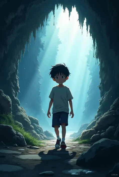 Short Hair, Black Hair, 14 year a boy entering a Mistirious cave