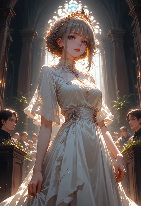 Anime girl, Bright Beautiful, sexy, curvy, Beautiful face, voluminous hair, beautiful blue eyes, ((Dressed in a Black Red White Dress Suit)), stands near a large mirror with golden patterns and purple stones and is entwined with vines, looks at the viewer,...