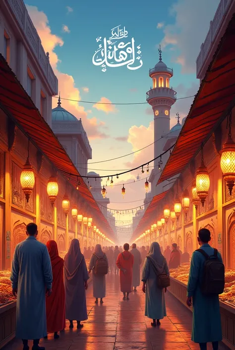 A beautiful muslims street and some people all buying and selling there on the stalls and there is some Arabic lamps in stalls with golden colour lighting and add some lights thinks over there  and the beautiful sky on background with golden and white  lig...